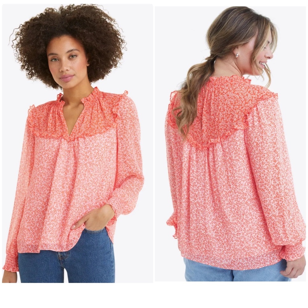 NEW Draper James Long Sleeve Ruffle Top Floral Print Salmon Pink Size Medium